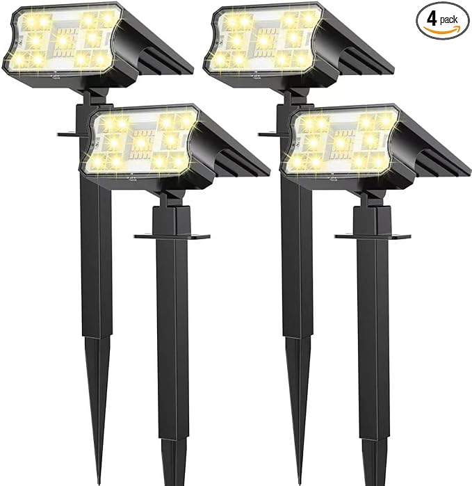 HGGH Solar Lights Outdoor Waterproof IP67, 60 LED 3 Lighting Modes Solar Spot Lights Outdoor for Yard Garden Pathway Landscape, Auto On/Off, Function 2 in 1(Warm White, 4 Pack)