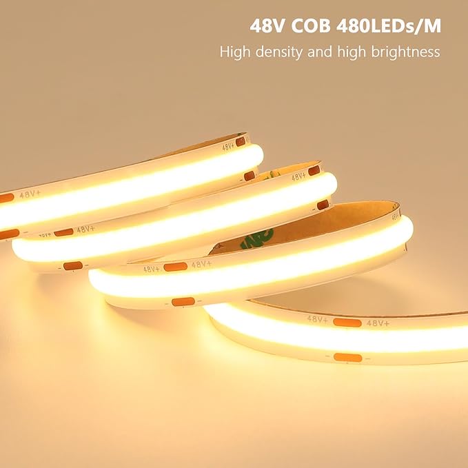 48V COB LED Strip Light 65.6ft, 3000K Warm White Flexible Cuttable LED Tape Lights 8W/M 480LEDs/M CRI 92 with AC 110V Power Supply for Bedroom Ceiling Living Room Commercial