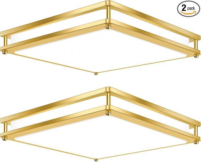 13 Inch Gold Square LED Ceiling Lights for Bedroom Kitchen Bathroom, 2-Pack 36W Super Bright 3200LM Modern Flush Mount Light Fixture, 2700K-6500K Selectable Dimmable Close to Ceiling Double Ring Lamp
