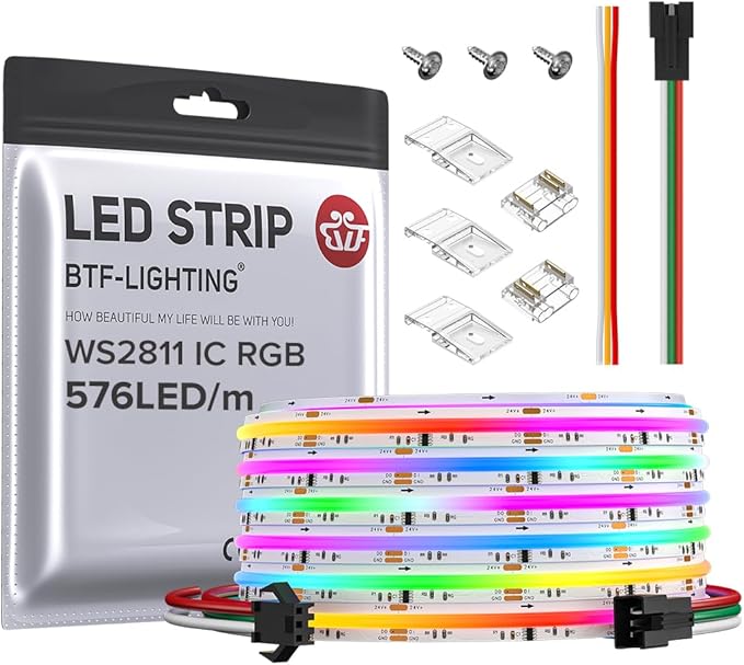 BTF-LIGHTING FCOB WS2811 IC RGB COB LED Strip DC24V 576LED/m 16.4FT Flexible High Density Color Chasing Uniform Light 16IC/m 10mm Width for Indoor Lighting Project(No Adapter or Controller)