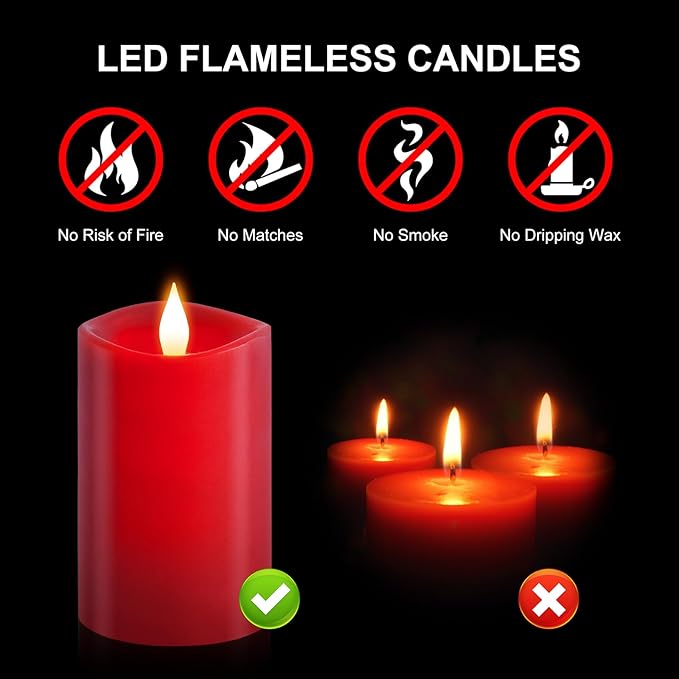 1PCS, 3 x 5 inches Flameless Candle with Remote Control, 3D Flickering Wick, Real Wax Pillar LED Candles, Battery Candles,with Timer,for Holiday Home Decor, Red