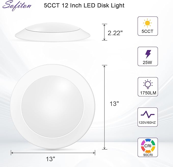 8-Pack 12 Inch Disk Lights, 2700K-5000K Adjustable, 25W, 1750LM, CRI 90+, Dimmable 10%-100%, Wet Rated, Surface Mount LED Ceiling Light for Bathroom Kitchen, ETL Listed
