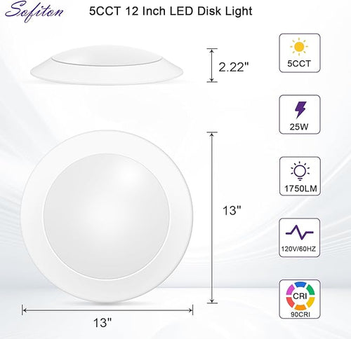 1-Pack 12 Inch Disk Lights, 2700K-5000K Adjustable, 25W, 1750LM, CRI 90+, Dimmable 10%-100%, Wet Rated, Surface Mount LED Ceiling Light for Bathroom Kitchen, ETL Listed