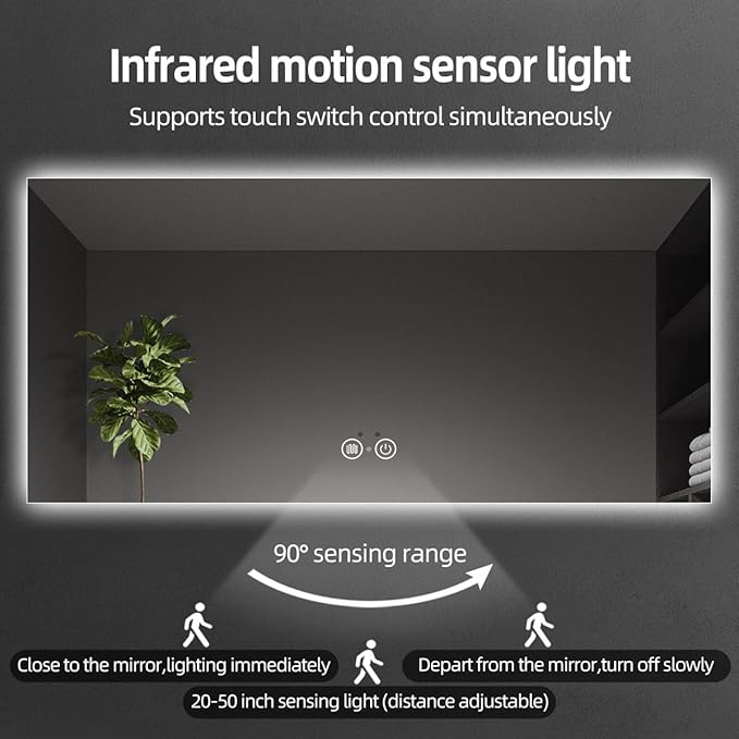 66 x 36 LED Bathroom Vanity Mirror, 3 Colors Four-Side Backlit Mirror Bathroom with Motion Sensor, Stepless Dimmable Wall Mirror with Lights, Anti-Fog, Rectangular, UL-Listed