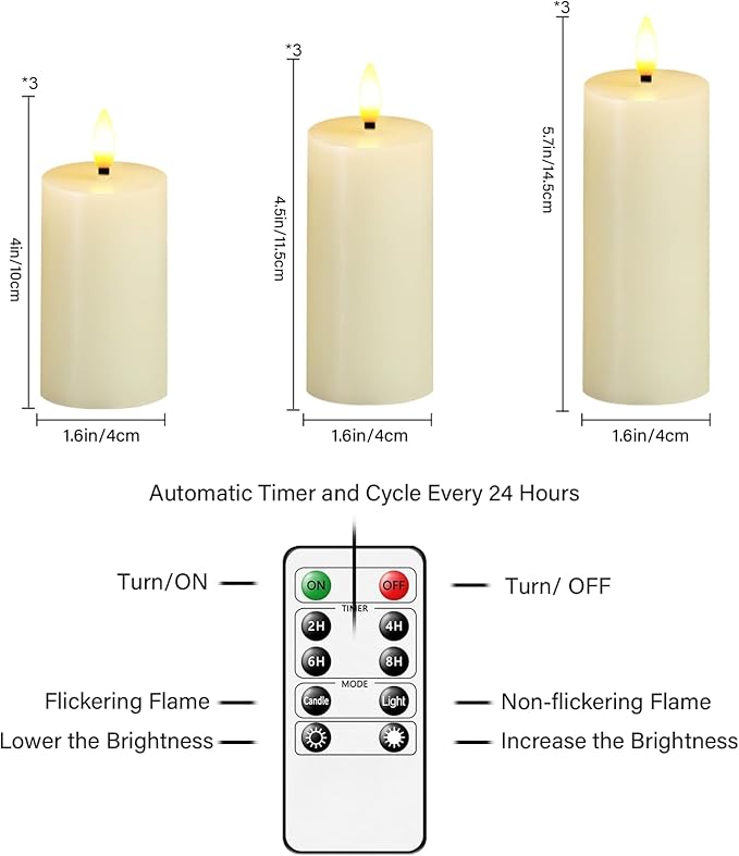 Flameless Candles Real Wax Realistic Pillar Candles, 9 Packs Battery Operated LED Candles with Remote Timer, Ideal for Halloween Home Decor Ivory（D 1.6"*H 4" 4.5" 5.5" ）