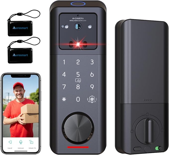 3D Face Recognition Smart Lock with Camera, Palm Vein, Fingerprint & Keypad Access, Keyless Entry Biometric Deadbolt for Front Door, Video Doorbell, 2-Way Audio, Night Vision, Tuya App, Alexa