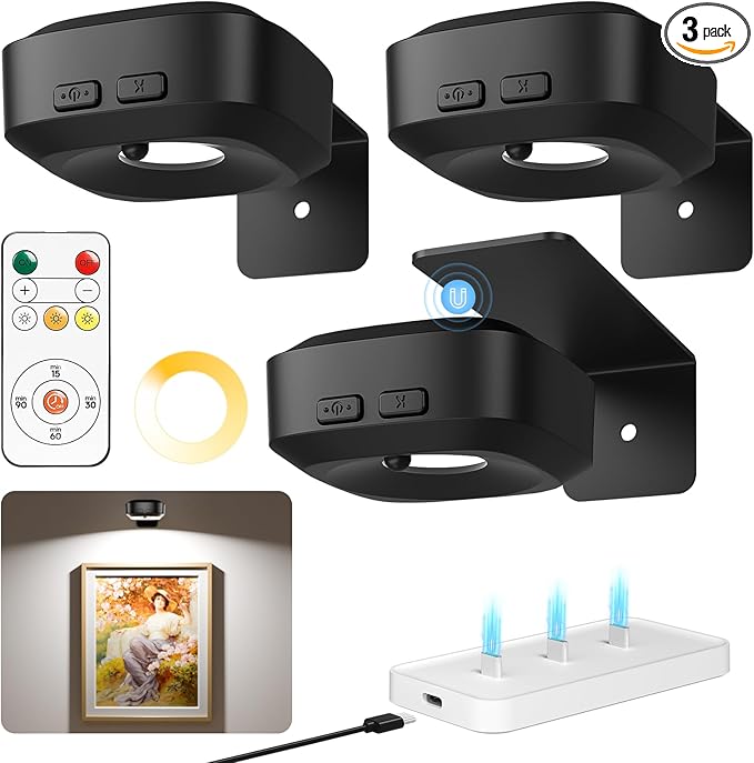 Picture Lights for Wall with Charge Station, 3 Pcs Rechargeable Magnetic Poster Lights with 3 Color Temperatures, Dimmable Timer Painting Wall Decor Light for Art Display, Frame (Black)