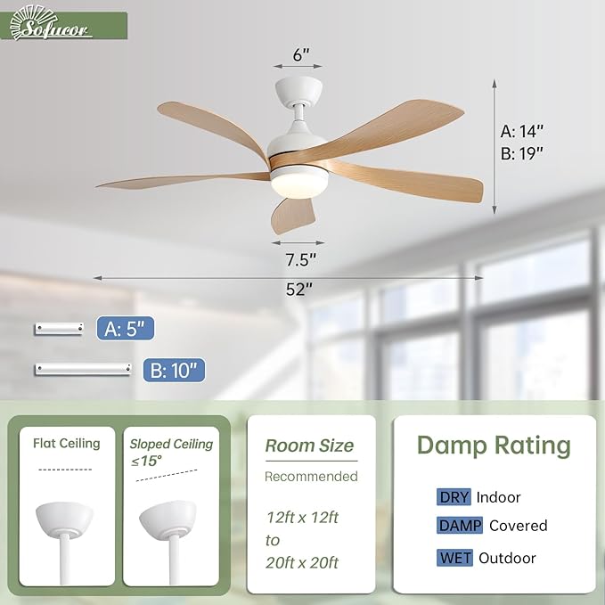 Sofucor 52" Smart Ceiling Fan, Indoor/Outdoor Ceiling Fans with Lights and Remote, Compatible with Alexa/Google/App, 3-Color Light 6-Speed Timing Reversible DC Motor for Bedroom Living Room Patio