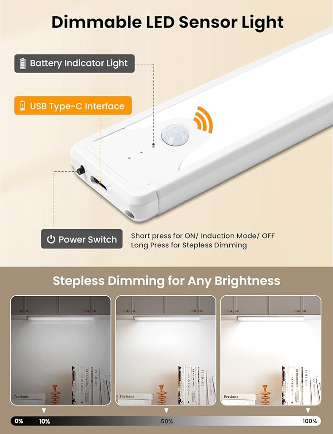 Under Cabinet Lighting, 8 Inch LED Rechargeable Battery Operated Motion Sensor Light Indoor, 1100 mAh Wireless Magnetic Dimmable 6500K Closet Lights for Under Counter, Kitchen, Stairs, 2 Pack