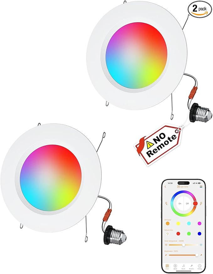 LED Recessed Lighting 5/6 inch, Smart Bluetooth Can Lights, 13W 1050LM, RGB Color Changing Selectable, Retrofit Led Recessed Light Fixtures Compatible with Alexa for Bedroom Living Room Kitchen, 2Pack