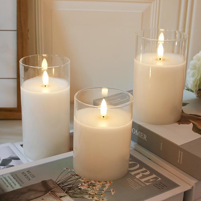 Pure White Glass Flameless Candles with Remote - Battery Operated Candles with Timer, LED Flickering Real Wax Candles for Festival Wedding Home Party Decoration, Clear, Set of 3