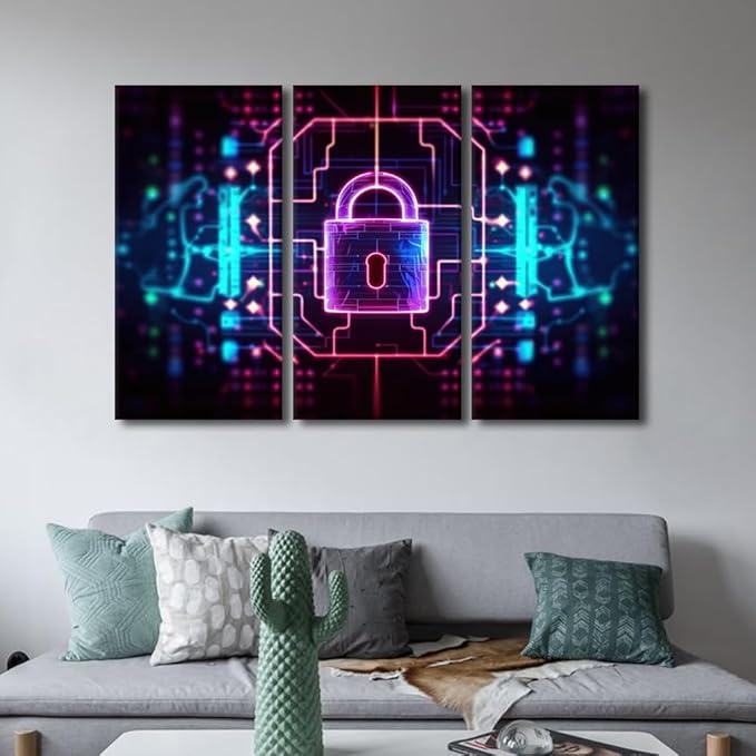 Framed Canvas Wall Art 3 Panels Padlock on Technological Circuit Background with Neon Lights, Cyber Security Concept Posters and Prints for Home Wall Decoration, Ready to Hang, 60" Wx40 H