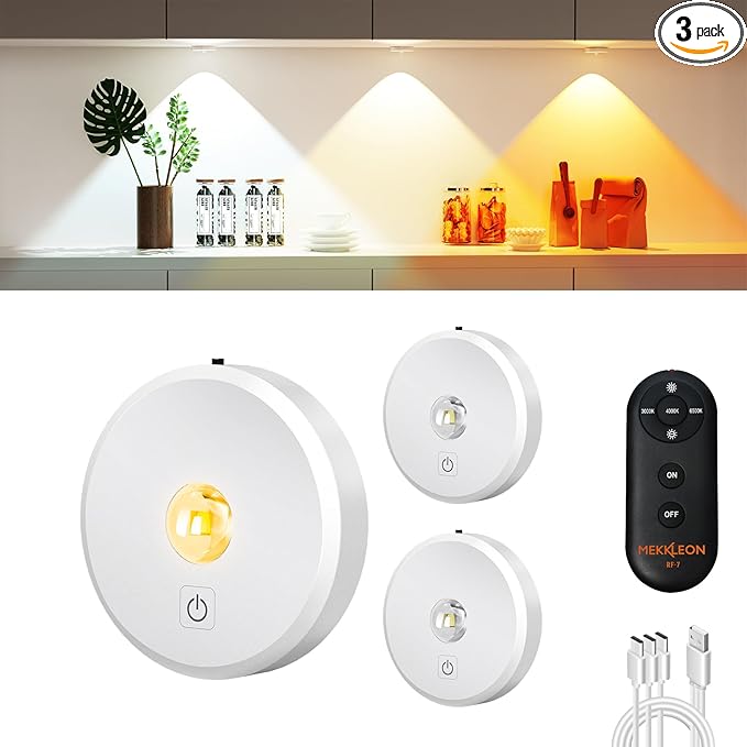 Puck Lights with Remote Control Rechargeable,Wireless Under Cabinet Lighting,2000mAh Battery Operated Tap Push Touch Lights,Stick On Lights for Counter,Shelf,Bookcase (White, 3 Pcs)