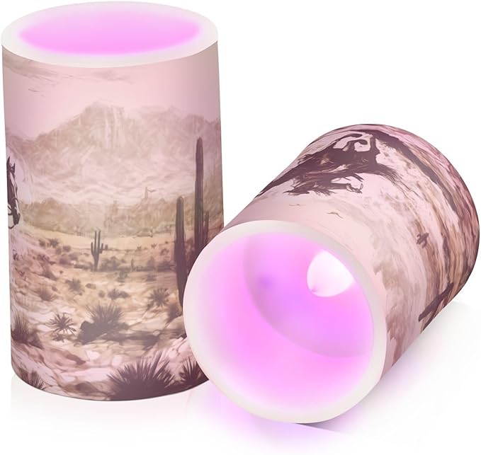 YETTASBIN Western Desert Cowboy Flameless Candles with Remote Control and Timer, Adjustable Brightness Long Lasting Battery Operated LED Pillar Candles for Indoor Outdoor Party Home Decor, 2 Pack