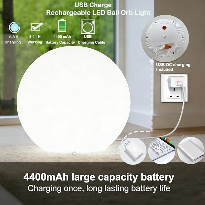 20-inch Large LED Globe Orb Light, Rechargeable LED Ball Light, Dimmable 16 RGB Colors Globe Floor Lamp w/Remote, Indoor/Outdoor Waterproof Glowing Orb Mood Lamp for Home Garden Patio Party
