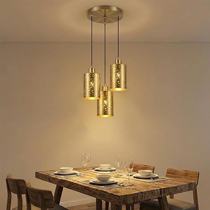 4 Pack Pendant Light Shades, Laser Starry Sky Design Cylinder Metal Lampshades with Electroplated Antique Brass Exterior Gold Interior, Lamp Shades 1-5/8 Inch Fitter, 3.5"Diameter x 5.5"Height