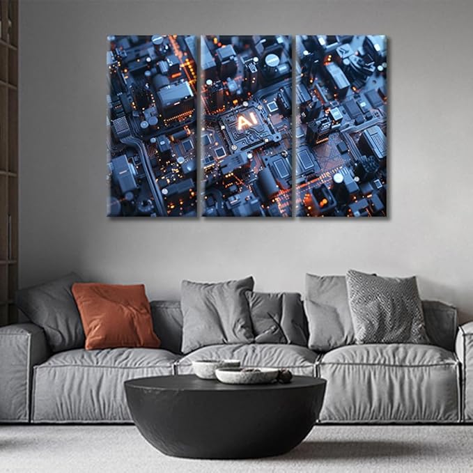 Motherboard Digital Chip Wall Art for Living Room Chip Canvas Wall Art Pictures Poster Modern Wall Decor Art for Bedroom Office Paintings Framed Gallery-Wrapped Ready to Hang (42"Wx28"H)
