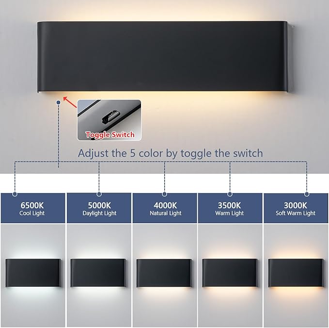 Nigaut 21.6'' Modern LED Wall Sconce Light, 15W 3000k-6500k Adjustable Black Bathroom Vanity Light 2 Pack
