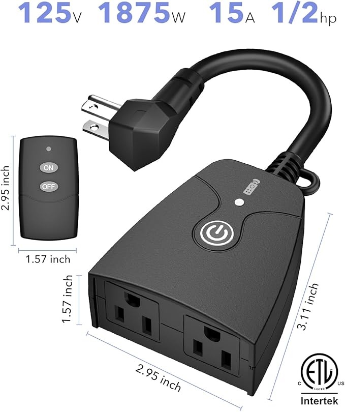 HBN Outdoor Wireless Remote Control Outlet Plug,Weatherproof Heavy Duty Power Strip,Indoor Electrical Plugs for Light Switch,6-inch Cord,100ft Range, 2 Remote Controls(15A,Dual 3-Prong Outlets)