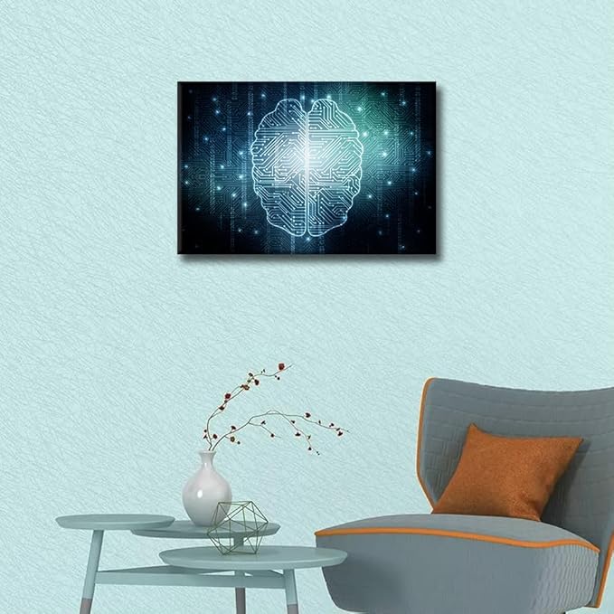 TUMOVO Wall Decor Digital Technology Canvas Wall Art Artificial Intelligence Brain Modern Artwork for Office Picture Print on Canvas Framed Ready to Hang for Living Bedroom Home, 24x16in
