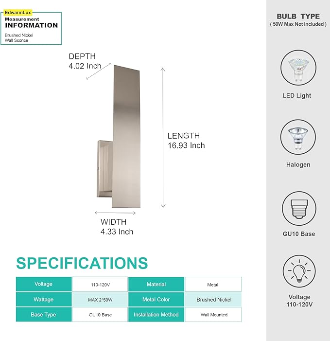 Indoor Wall Sconces, Modern Wall Lights, Up and Down Wall Mount Light, Dimmable Hardwired Wall Light for Bedroom, Living Room, Hallway, GU10 Bulbs Excluded (Brushed Nickel)