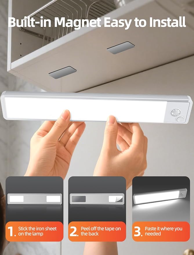 Under Cabinet Motion Sensor Lighting: 12 Inch Dimmable Rechargeable Lights Indoor - Battery Operated Lights - Undercabinet Closet Light Magnetic Led Light for Kitchen Home Bathroom Counter 5 Pack