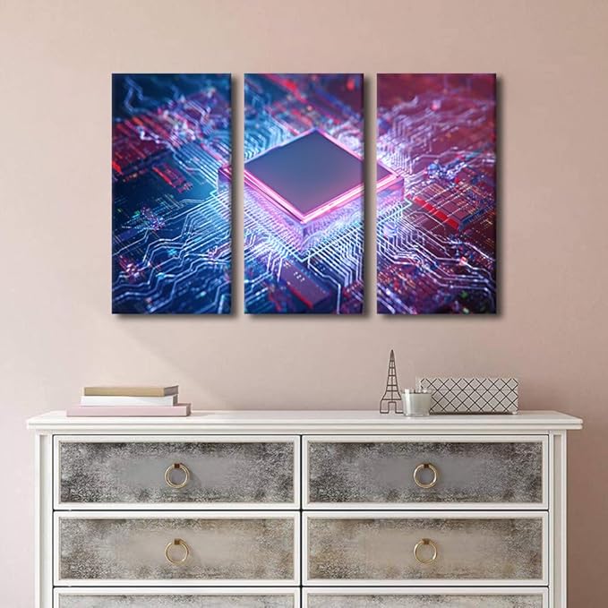 TUMOVO 3 Panel Canvas Wall Art Motherboard Digital Chip Modern Artwork Wall Decor CPU Concept Pictures Bathroom Decor Wall Art Circuit Board Bedroom Print on Canvas Framed Ready to Hang(24" Wx36 H)