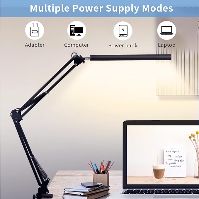 LED Desk Lamp with Clamp,Eye-Caring Desk Light with Clamp,Swing Arm Lamp Includes 3 Color Modes&10 Dimmable Brightness,Desk Lamp with USB Charging Port for Home Office,Reading(Black,12W)