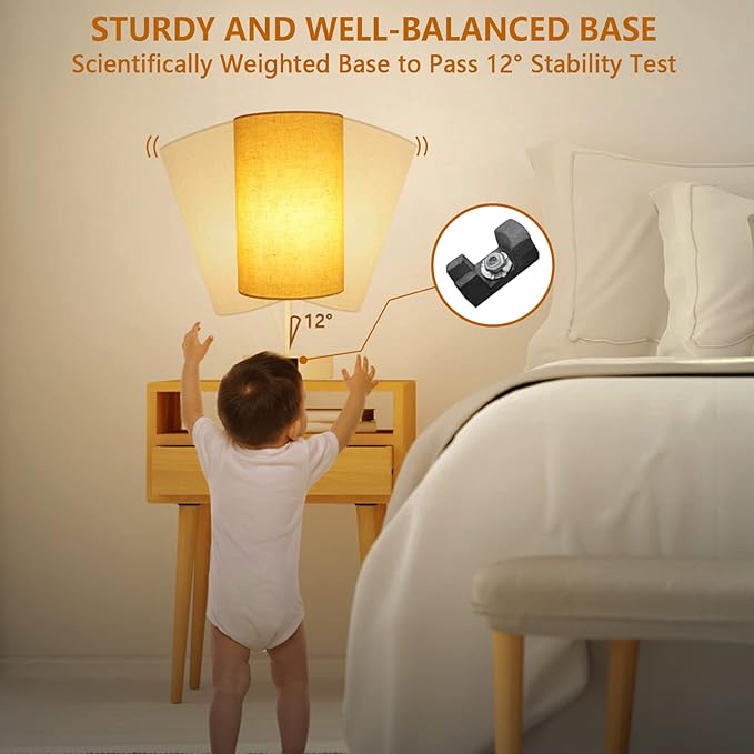HiBay 2-Set 17.75" Touch Bedside Table Lamps with USB Charging Ports & AC Outlet, Modern White 3-Way Dimmable 800lm LED Nightstand Lights with Fabric Shade for Bedroom Living Room Dorm