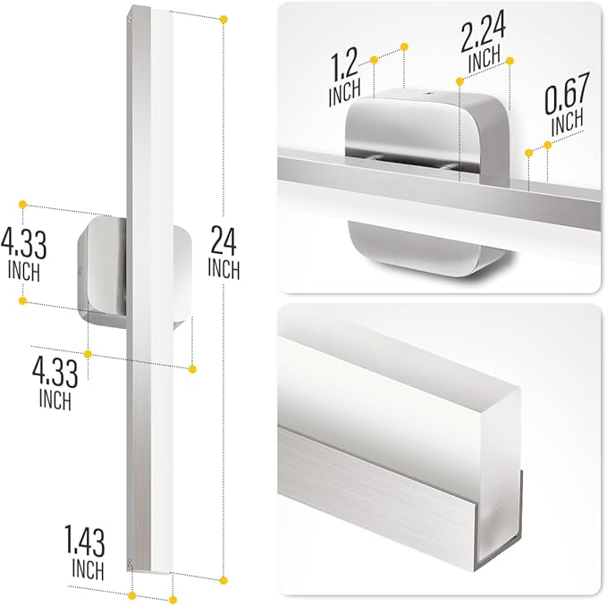 Yarra-Decor 24-inch LED Bathroom Vanity Light Bar,Vanity Lighting Fixtures for Mirror Illumination,Indoor Daylight White Wall Light 6000K (Nickel)