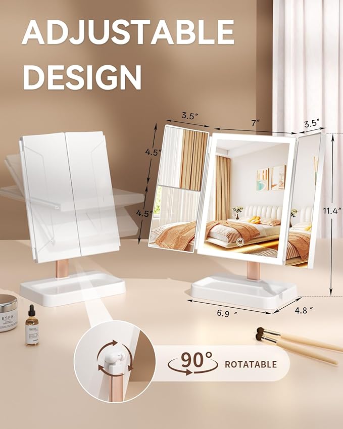 Vanity Mirror with Lights, Makeup Mirror 1X, 2X, 3X Magnification, Trifold 9" L x 14" W, Large Vanity Desk Mirror，Valentine‘s Gift for Wife, Mom, Her - Gift for Girlfriend, Women & Teens