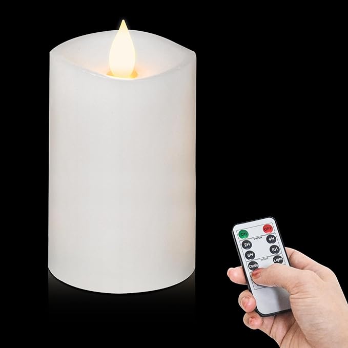 1PCS, 3 x 5 inches Flameless Candle with Remote Control, Real Wax Pillar LED Candles, Battery Candles,with Timer, 3D Flickering Wick,for Holiday Home Decor,White