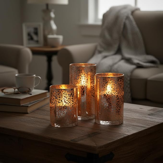 Silver Mercury Crackle Glass Flameless LED Pillar Candles Set of 3 – Warm White Flicker, Remote & Timer, Batteries Included, for Spring Weddings, Home Decor & Romantic Ambiance