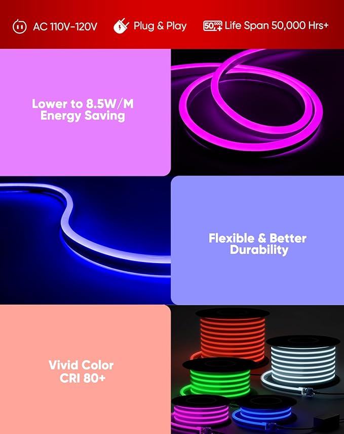Shine Decor 98.4FT LED RGB Neon Rope Lights, ETL-Listed AC 110-120V Neon LED Strip Lights SMD5050 80LEDs/m with Remote, Dimmable Multicolor Change Flexible Neon Rope Lighting Waterproof for In&Outdoor