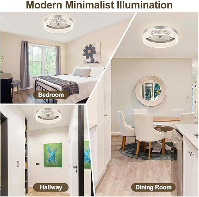 LED Flush Mount Ceiling Light Fixture, 12In Crystal Chandelier with Clear Bubble Acrylic, Modern Ceiling Lighting for Dining Room, Bedroom, Living Room, Kitchen, Brushed Nickel, 4000K Dimmable