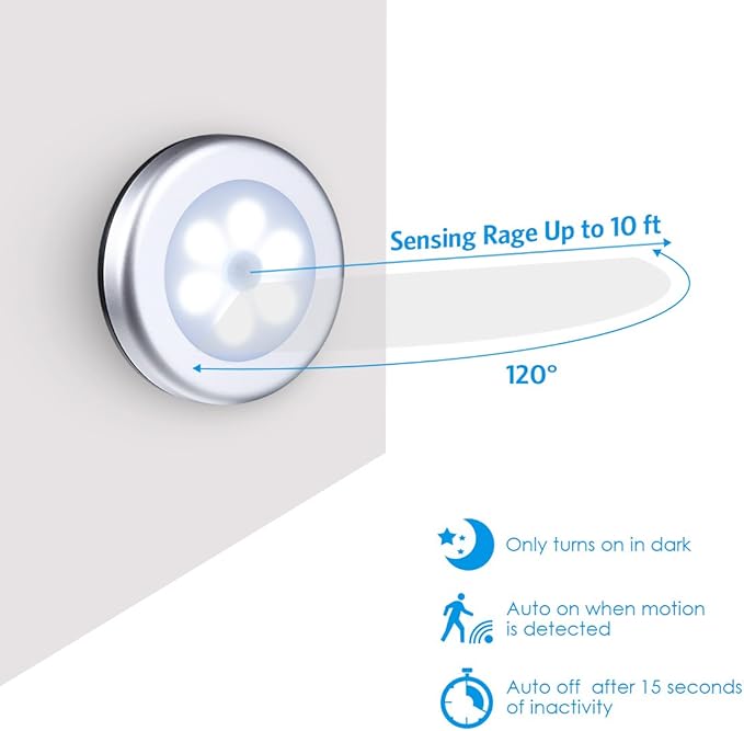 AMIR Upgraded 3.15” Motion Sensor Light, 3 Pack Stick on Cordless Battery-Powered LED Night Light, Closet Lights, Stair Lights, Safe Lights for Hallway, Bathroom, Bedroom, Kitchen (Silver - White)