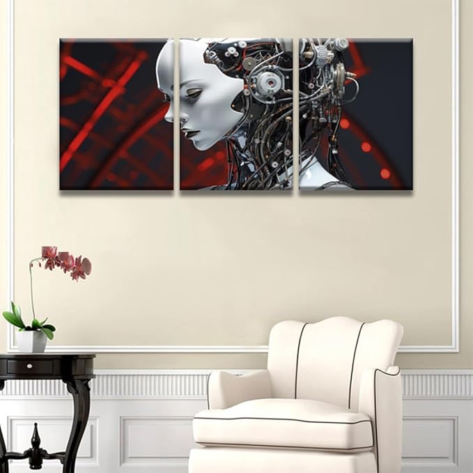 LSIUHWUWI Bedroom Wall Decor 3 Panel Futuristic AI with Striking Details Artwork Print on Canvas for Living Room Bedrooms Wall Decorations, Wooden Framed Ready to Hang 12x16inchx3