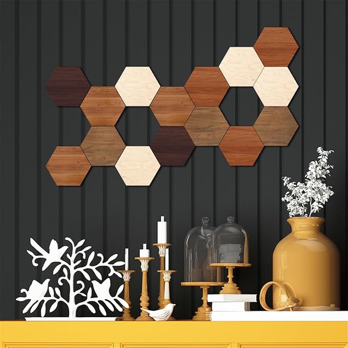 Wooden Hexagon Wall Decor, 15 Pcs Creative Removable Hexagonal Wall Stickers, DIY Modern Geometric Wood Wall Art Decor, 3D Wooden Hexagon Wall Tiles for Living Room, TV Background, Office, 5.9" x 5.1”