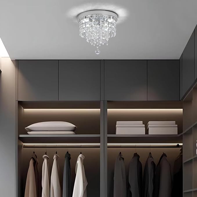 Deckrico Crystal Chandelier Flush Mount Ceiling Light Chrome Modern LED Lighting Fixture for Bedroom, Closet, Bathroom, Hallway – White Light