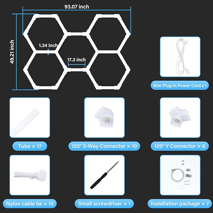 ALLYES LED Hexagon Garage Lights, 24 Packs Dimmable Hex Shop Garage Ceiling Lights, Upgraded Wider Size Light Tubes, 25650LM 6500K 200W Suitable for Workshop Basement Gym Warehouse