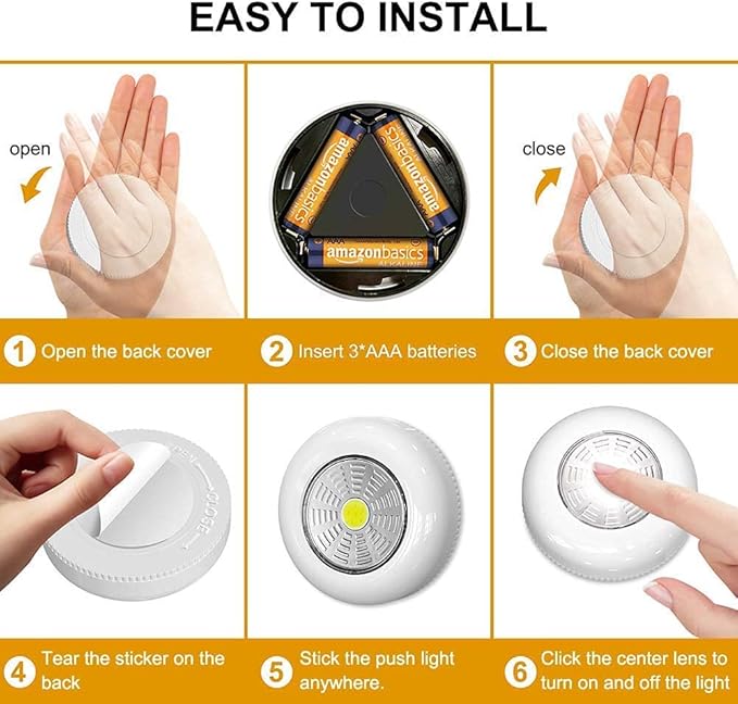 Under Cabinet Lighting, Tap Light Battery Operated LED Puck Lights Cordless Closet adhesive lights Stick on Lights Stick Anywhere for Kitchen Cabinets, Closets, Garage, Bookshelf and More, 4 Pack
