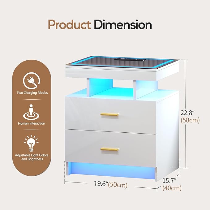 LED Nightstand with Wireless Charging Station,White Night Stand with 2 Drawers,Glass Top Smart Bedside Table,Modern End Table Side for Bedroom,Living Room,Office