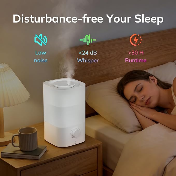 ZAFRO 3.2L Cool Mist Humidifier for Bedroom, 7 Color LED Night Light, Top Fill Design & Multiple Mist Levels, 24 dB Quiet Ultrasonic Comfort Humidifiers, White, Konb Control