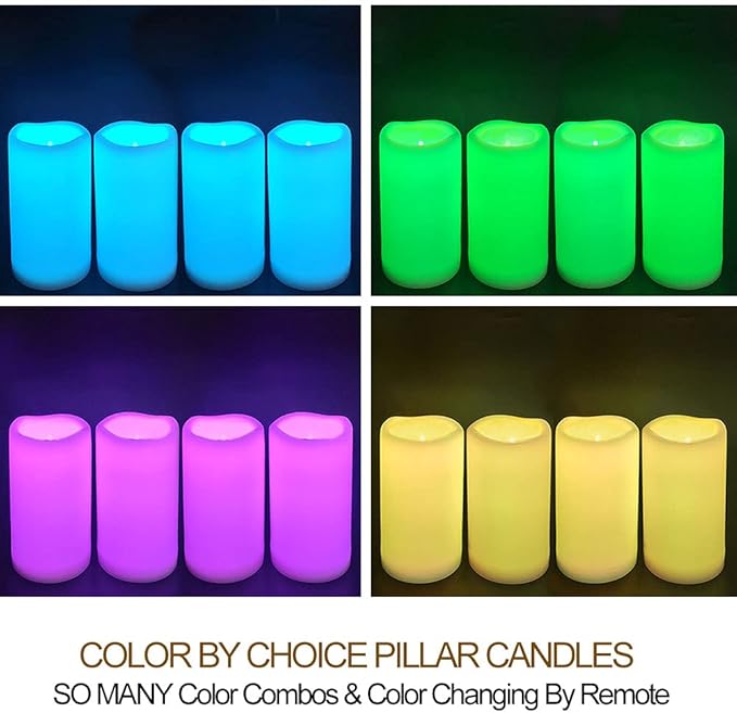 4-Pack Multicolor 3x6 Outdoor LED Pillar Candles with Timer and Remote - IP64 Waterproof Color Changing LED Pillar Candles - Battery Operated Flickering Flameless Candle Unscented