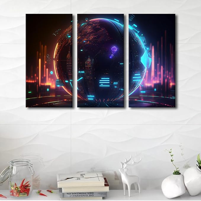 TUMOVO 3 Piece Future Energy Power Technology and Internet Connection Concept Pictures Print On Canvas Wall Art for Bedroom Living Room Decoration, Wooden Framed Ready to Hang, 60" Wx40 H
