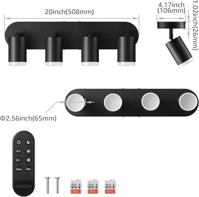LEONLITE Smart LED Track Lighting, WiFi RGB Ceiling Lighting Kit, 4 Head Black Track Light with Remote, APP Control, Compatible with Google Home/Alexa/Siri, 16 Million Colors, 2400-5000K Dimmable, 30W
