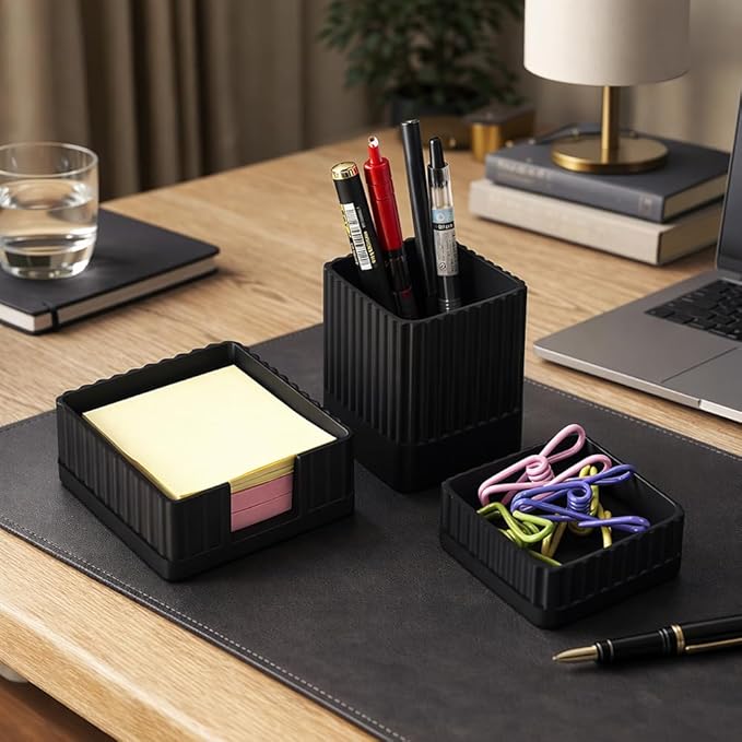 Desk Organizer Set of 3 for Office Accessories - Includes Pen Holder, Paperclip Storage, and Sticky Note Holder - Aesthetic Concrete Desktop Accessories for Women or Men, Office Decor (Black)