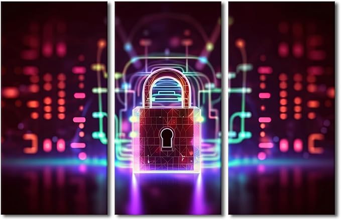 TUMOVO 3 Panels Modern Wall Art Padlock on Technological Circuit Background with Neon Lights Pictures Print on Canvas for Home Office Wall Decorations, Cyber Security Concept Artwork, 42" Wx28 H