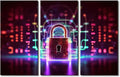 TUMOVO 3 Panels Modern Wall Art Padlock on Technological Circuit Background with Neon Lights Pictures Print on Canvas for Home Office Wall Decorations, Cyber Security Concept Artwork, 42" Wx28 H