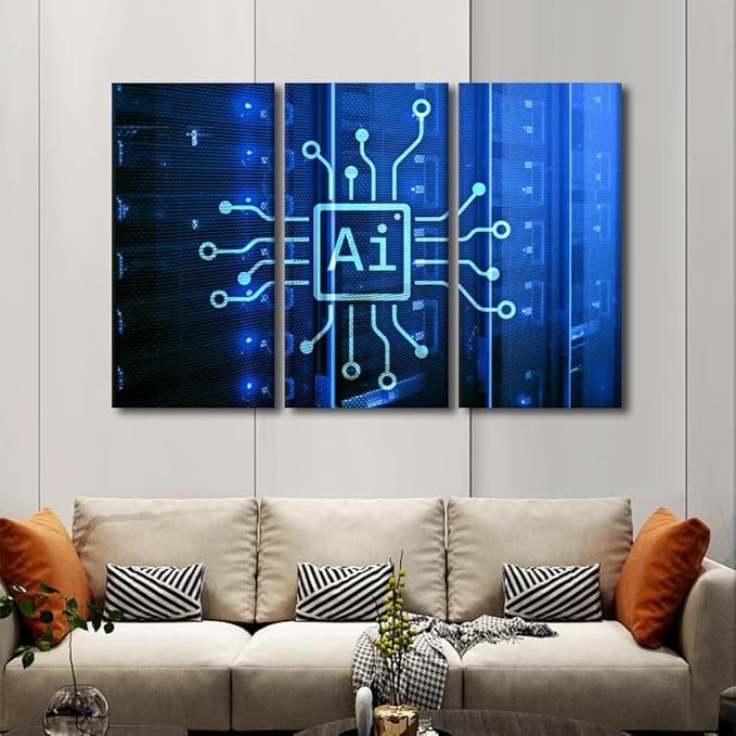 AI Art Prints for Wall Decor 3 Pieces Framed Wall Art AI Intelligence Modern Artwork for Home Walls Automation Canvas Prints Room Wall Decor Framed Ready to Hang Posters, 60" Wx40 H